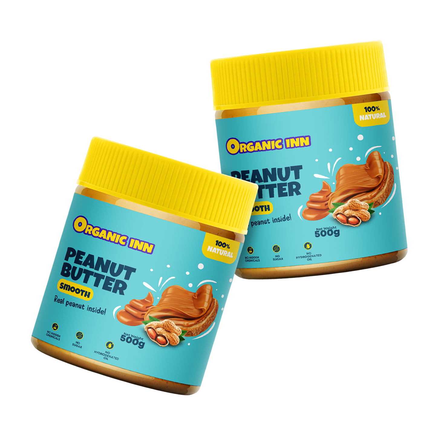 Two jars of Organic Inn peanut butter on a white background