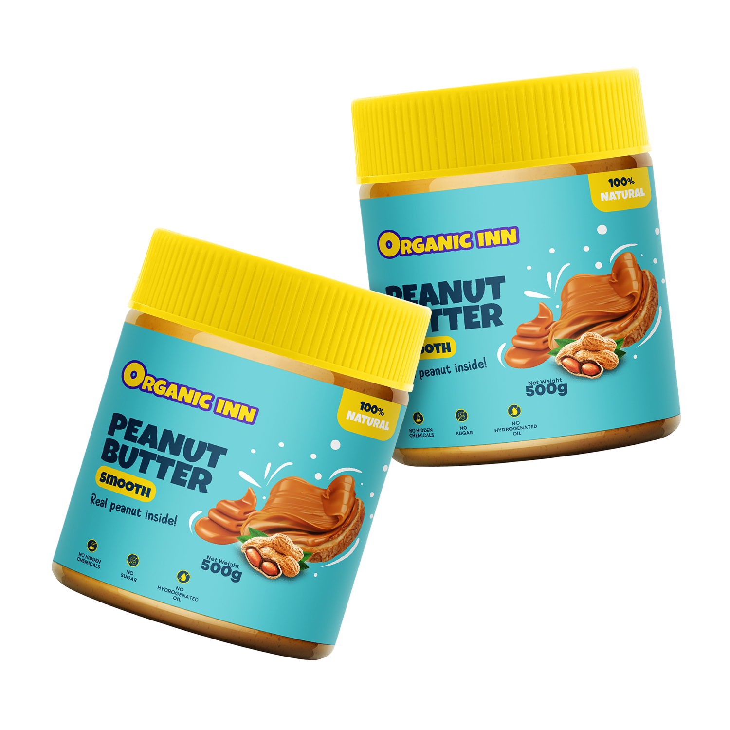 Two jars of Organic Inn peanut butter on a white background