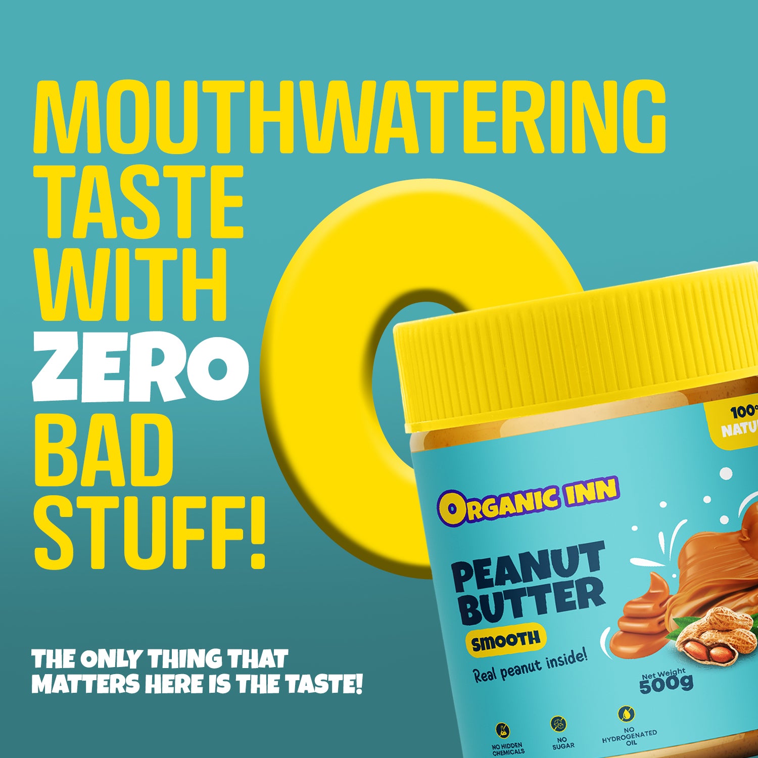 Jar of Organic Inn peanut butter with promotional text on a blue background