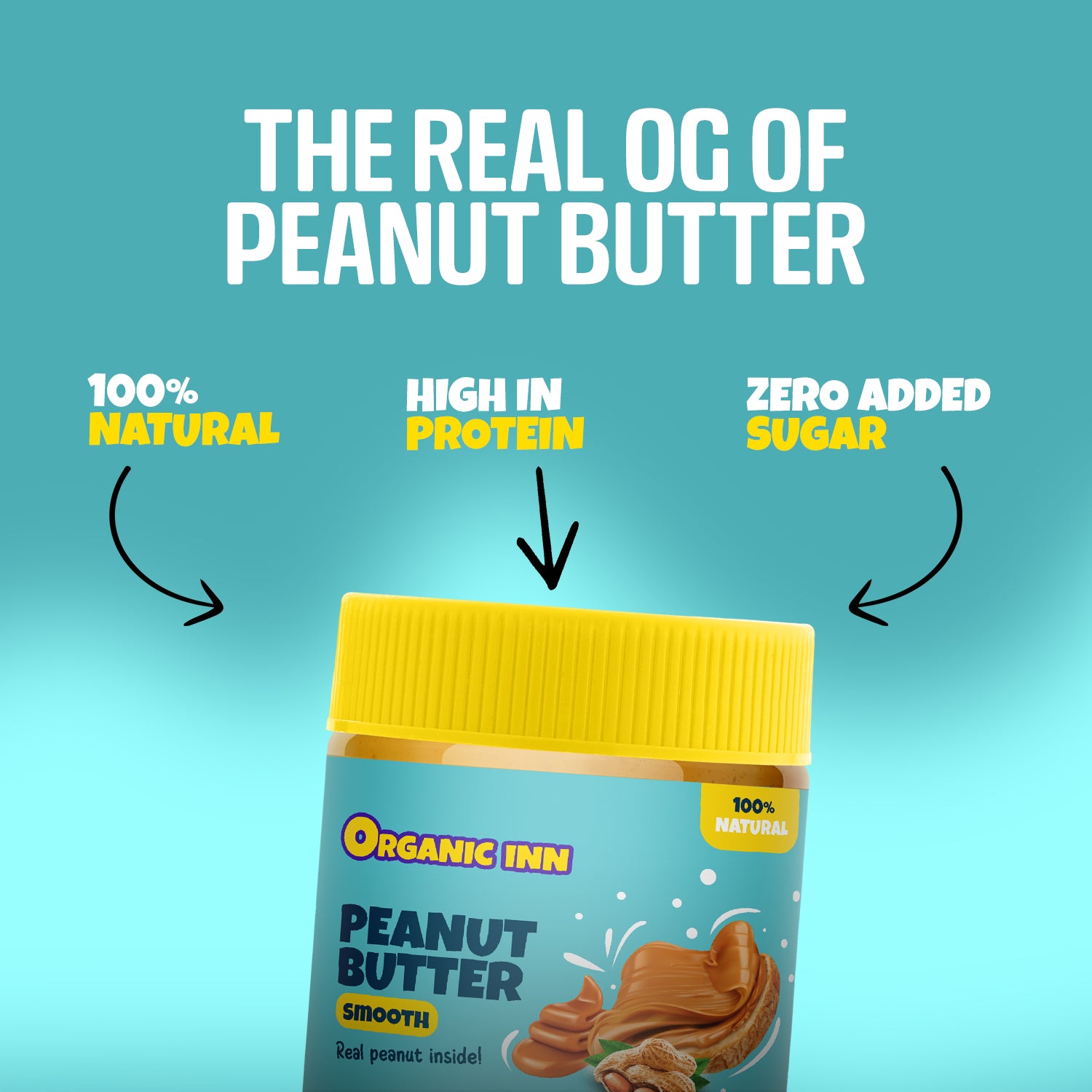 Jar of Organic Inn peanut butter with text highlighting its features on a blue background