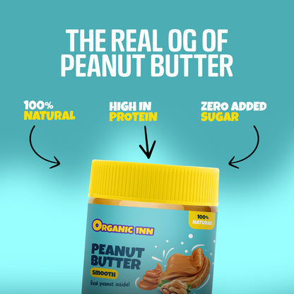 Jar of Organic Inn peanut butter with text highlighting its features on a blue background