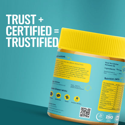 Yellow jar with a label on a teal background, featuring text 'Trust + Certified = Trustified'.