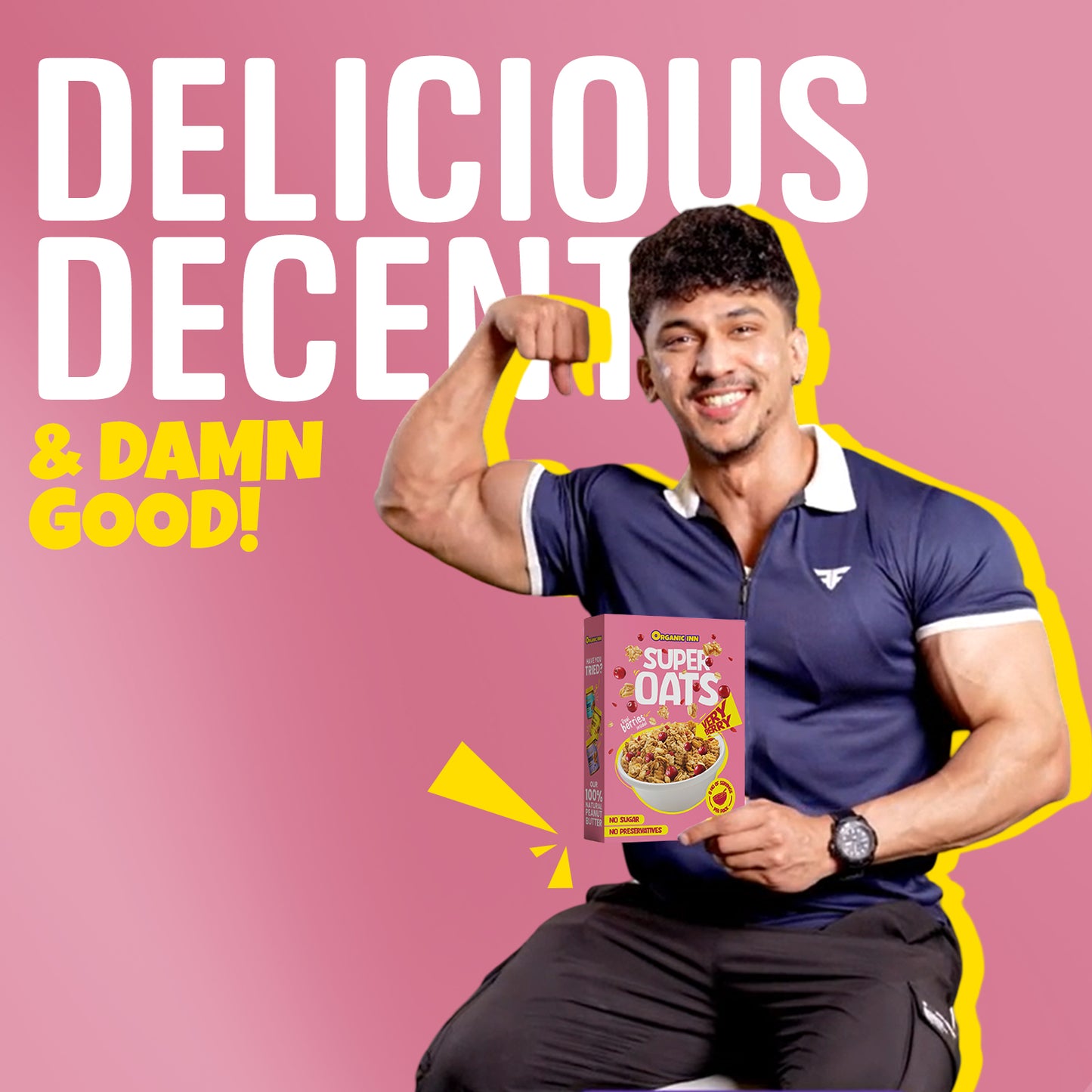 Man holding a box of Organic Inn Super Oats Very Berry