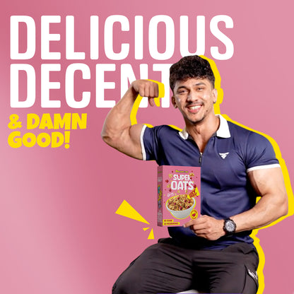 Man holding a box of Organic Inn Super Oats Very Berry