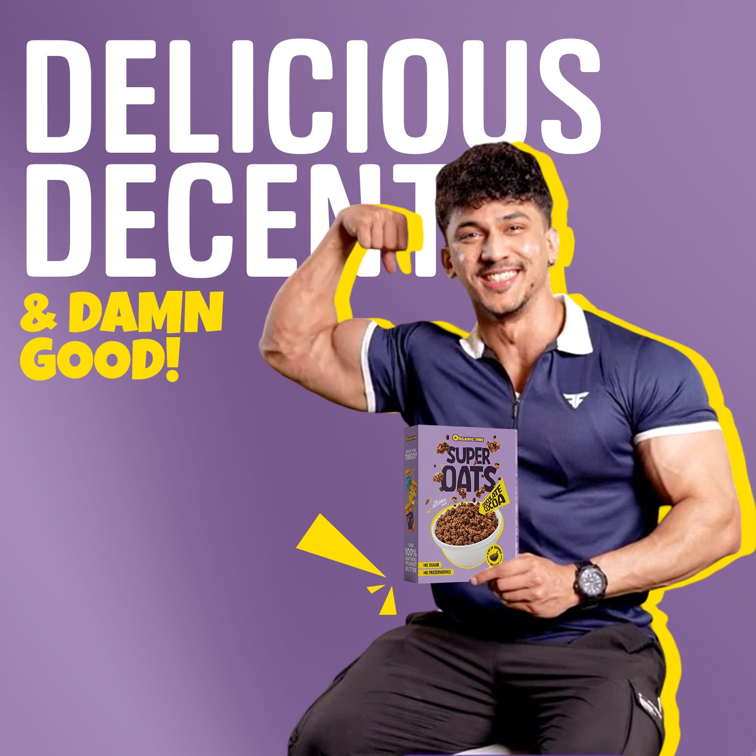 Man holding a box of Organic Inn Super Oats Chocolate Cocoa