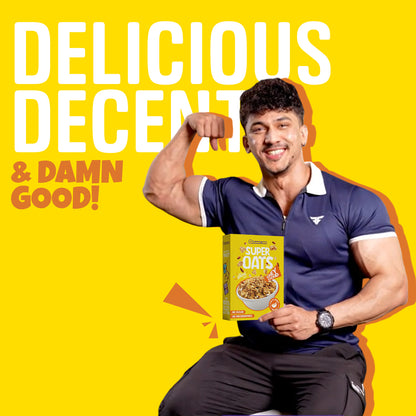 Man holding a box of Organic Inn Super Oats Honey Almond